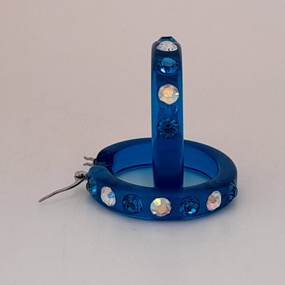 chunky blue zircon Lucite Acrylic wide 1.5 Hoop Latch Back Fashion Earrings - Picture 3 of 4